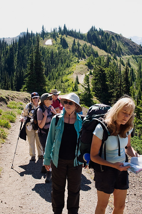 HurricaneHikers_0153.jpg - Caren leads Mary, Nusi, Jan and George along the Hurricane Hill trail. She is looking in her field guide for a particular flower we had seen.  
