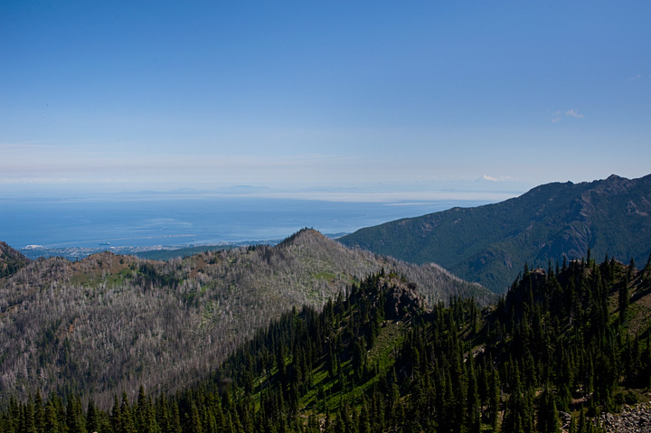 PortAngelesMtBaker_0183.jpg - This is the view from the top of the "hill". From here you can see the remains of  a burned forest and beyond, the harbor at Port Angeles, and to the right in the distance is Mount Baker.  