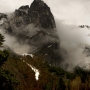 Sentinel Rock in the fog<br> This was the view from behind the building where we stayed.